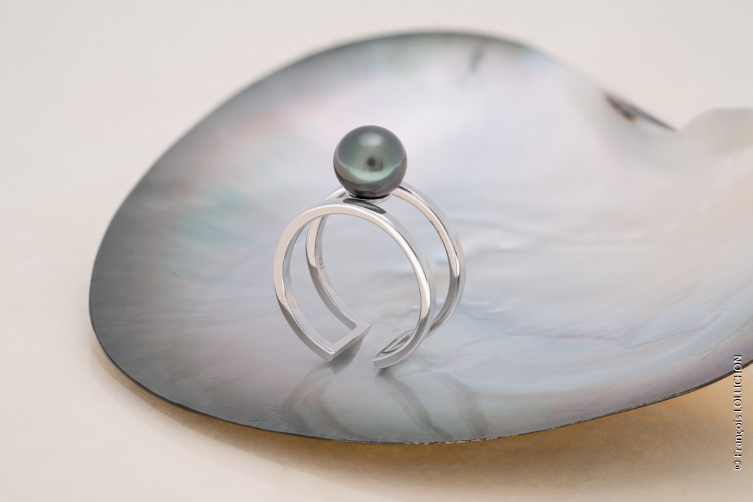 Bague en argent et perle ronde double anneau - BG13 – Image 2