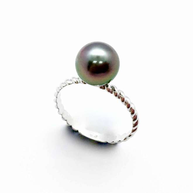 Bague or gris torsadée perle Tahiti