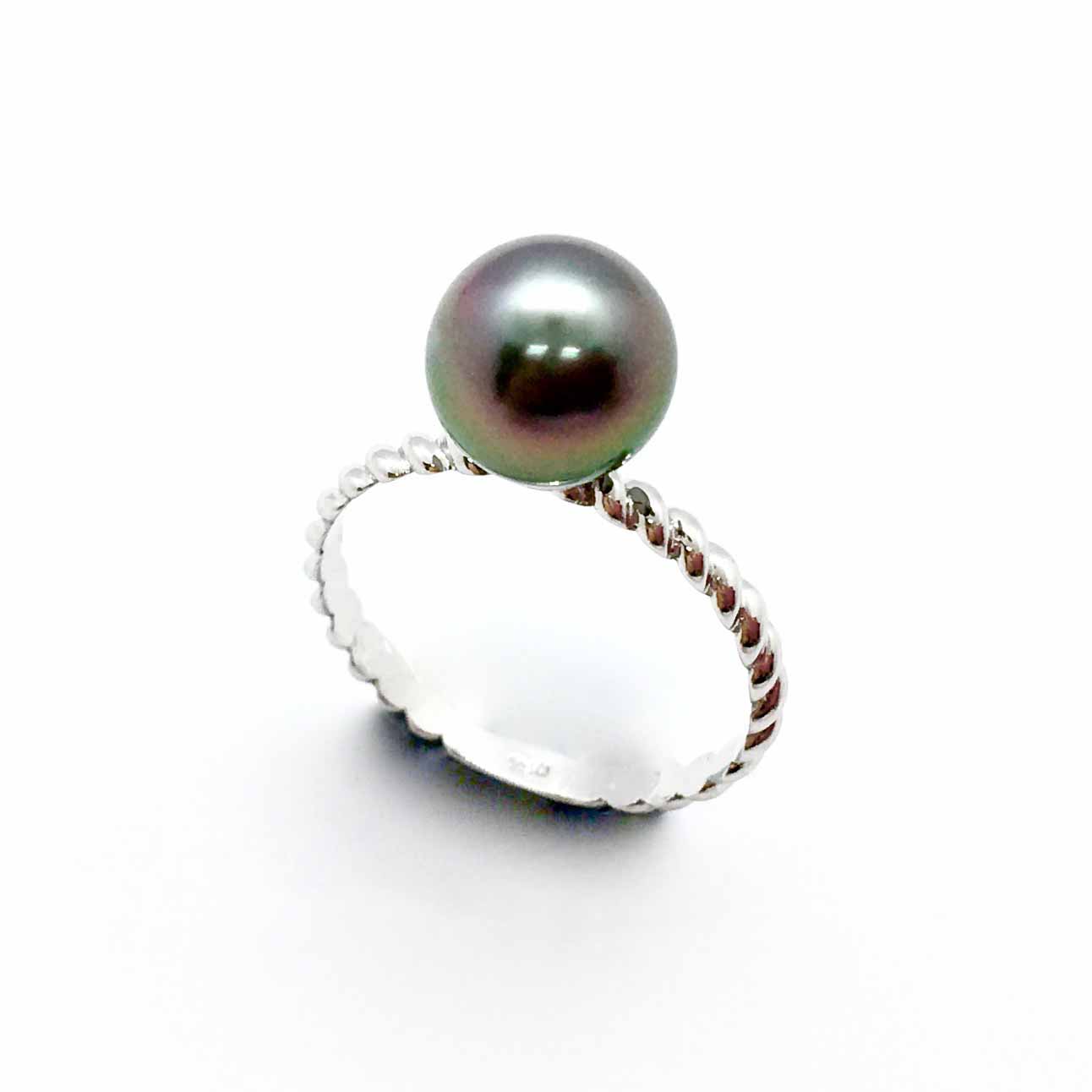 Bague or gris torsadée perle Tahiti